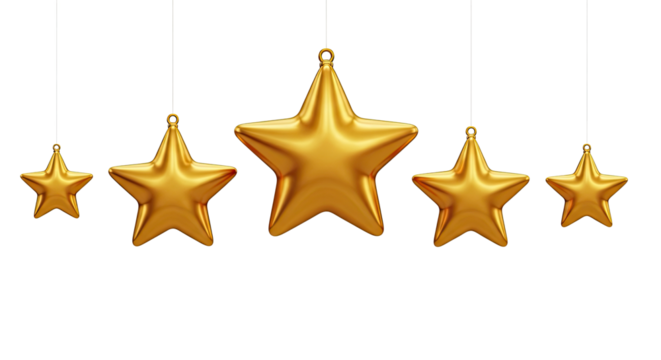 Golden stars hanging from white strings against a png transparent.