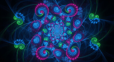 Intricate Fractal Art with Spirals in Shades of Blue Cyan Pink and Green Abstract Digital Design Generative Pattern Background