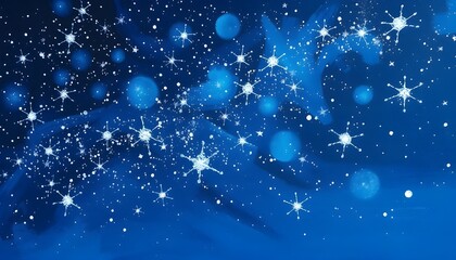 Fototapeta premium “Digital night sky illustration with deep blue cosmic background filled with glowing white stars and soft blue planetary shapes. Varying star sizes and textured gradients evoke depth, movement, and ga