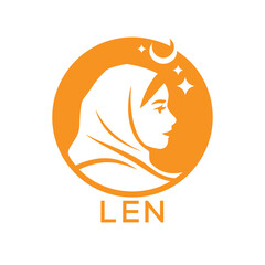 LEN Islamic Hijab Woman Logo. LEN Design with Crescent Moon and Stars. LEN Muslim Female Silhouette Icon.
