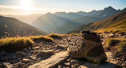 Hiking boot on mountain trail at sunrise with scenic mountain view.