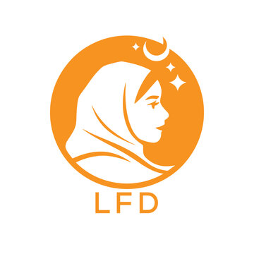 LFD Islamic Hijab Woman Logo. LFD Design with Crescent Moon and Stars. LFD Muslim Female Silhouette Icon.
