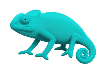 Turquoise chameleon standing, representing adaptation, change, and unique individuality on transparent background