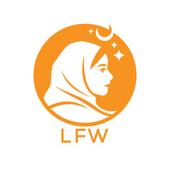 LFW Islamic Hijab Woman Logo. LFW Design with Crescent Moon and Stars. LFW Muslim Female Silhouette Icon.
