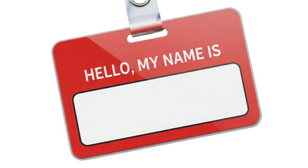 Isolated Red Name Tag Mockup with Text "HELLO, MY NAME IS" and Blank Space isolated on Transparent Background