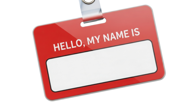 Isolated Red Name Tag Mockup with Text "HELLO, MY NAME IS" and Blank Space isolated on Transparent Background