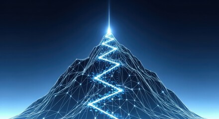 Digital ascent path on a glowing wireframe mountain peak representing progress