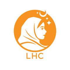 LHC Islamic Hijab Woman Logo. LHC Design with Crescent Moon and Stars. LHC Muslim Female Silhouette Icon.
