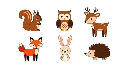 Cartoon forest animals collection deer squirrel owl fox hedgehog rabbit