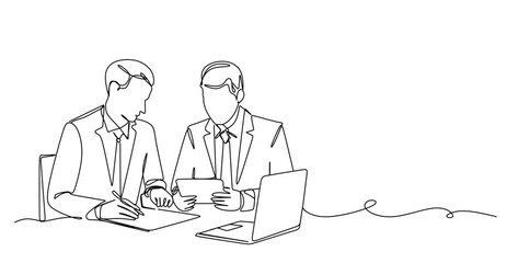 Continuous one line drawing businessman and woman having a discussion. Business activities concept. Single line draw design vector graphic illustration.Hand drawn one line vector. Editable stroke