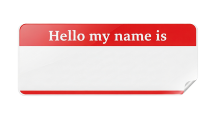 Isolated Red and White Name Tag Sticker Graphic with Text "Hello my name is" isolated on Transparent Background