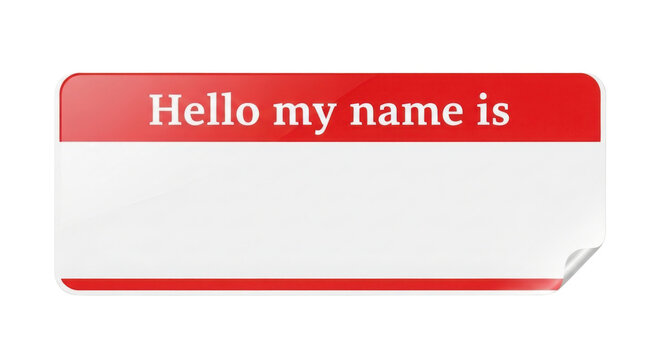 Isolated Red and White Name Tag Sticker Graphic with Text "Hello my name is" isolated on Transparent Background