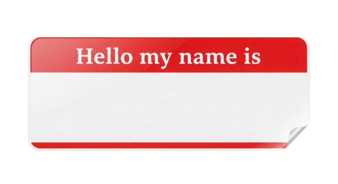 Isolated Red and White Name Tag Sticker Graphic with Text "Hello my name is" isolated on Transparent Background