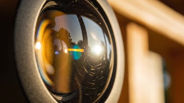Close-up of Camera Lens with Golden Sunlight and Tree Reflections on a Scratched Surface