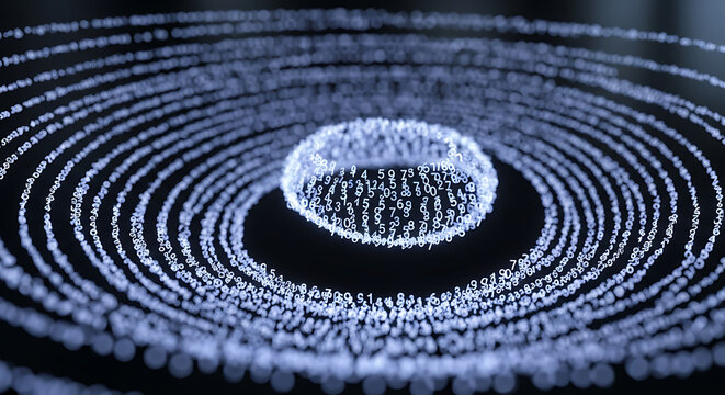 Abstract Data Visualization With Rotating Rings of Numbers for Information Technology and Digital Analysis on Dark Background