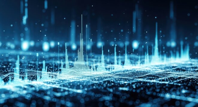Digital data network landscape with abstract glowing particles and visualization bars - Powered by Adobe