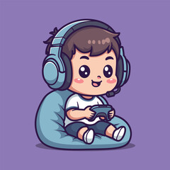 Cute Gamer Kid Vector Illustration with Headset and Controller Sitting on Chair on Purple Background
