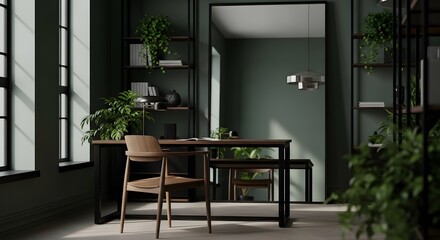 Modern home office interior with plants desk and chair a stylish workspace for remote work and produ