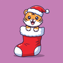 Cute Baby Tiger Vector Illustration in Santa Hat Peeking from Christmas Stocking on Purple Background
