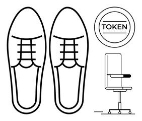 Formal shoes emphasize professionalism, office chair reflects workplace setting, and token symbolizes value or entry. Ideal for career, professionalism, office environment, work-life balance