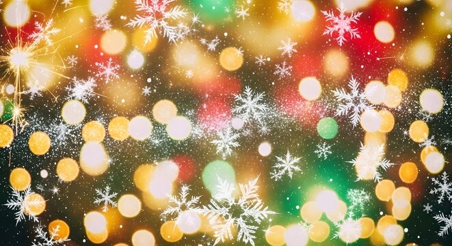 Festive background with colorful bokeh lights and white snowflakes, creating a magical winter holiday atmosphere. - Powered by Adobe