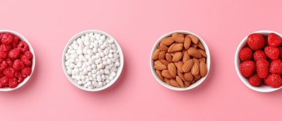 Semi Minimal Color palette concept. Colorful bowls of nuts and candies on a pink background.