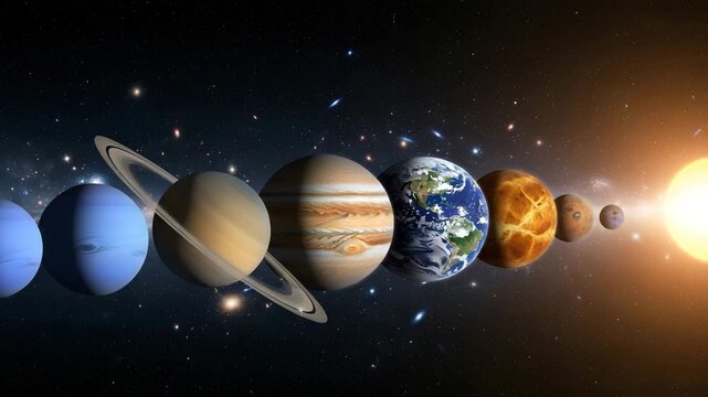 Solar system planets aligned with sun in space, cosmic background