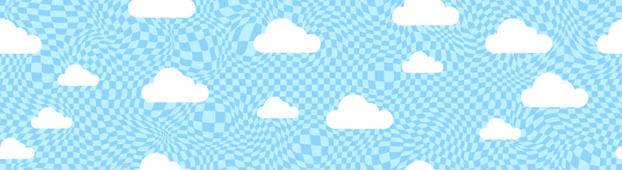 Seamless blue sky background with soft white cartoon clouds in kawaii dreamy style. Cute aesthetic pattern for wallpapers, social media, and summer-themed designs. Vector illustration isolated on