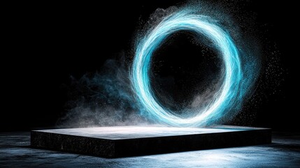 A bright blue, swirling energy portal emits light and dust particles, hovering above a dark, textured platform against a black background.