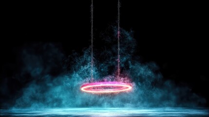 A neon pink ring hangs from chains in a dark, smoky atmosphere with blue light reflecting on the ground.