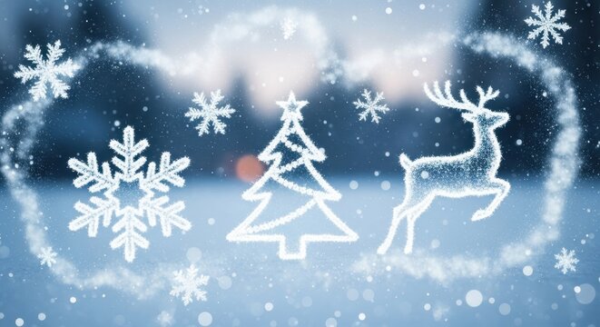 Enchanting winter scene with glowing snowflakes, christmas tree and reindeer illustration