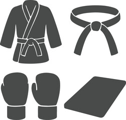 Martial arts gear silhouette including gi belt gloves and mat