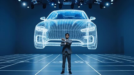 Indian businessman presenting holographic wireframe autonomous vehicle concept in futuristic studio setting - Powered by Adobe