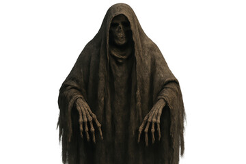 Grim reaper standing, cloaked skeletal figure, symbol of death, fear, and halloween, with transparent background