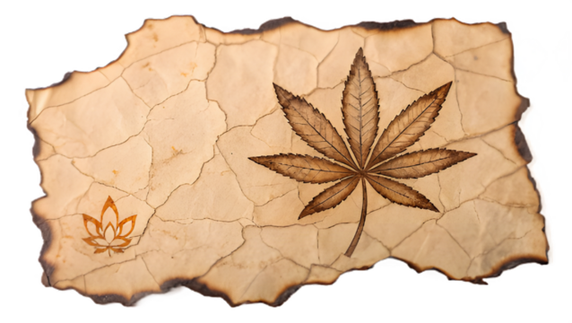 Ancient parchment with a cannabis leaf illustration and a small ukrainian trident symbol isolated on transparent background