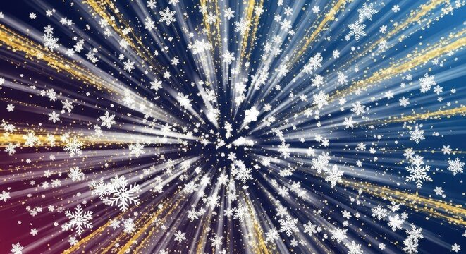 Enchanting winter themed background with radiating snowflakes and shimmering golden light streams - Powered by Adobe