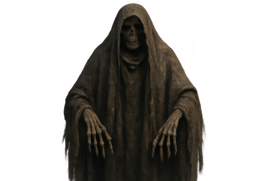 Grim reaper standing, cloaked skeletal figure, symbol of death, fear, and halloween, with transparent background