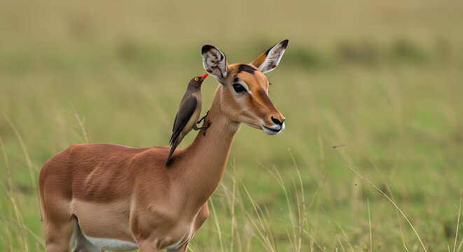 Bird perches on Impala's neck in grassy plains; wildlife mutualism