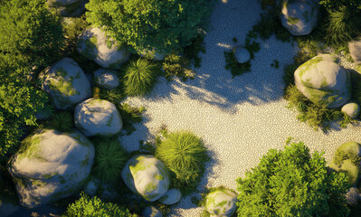 Peaceful zen garden arrangement with rocks, pebbles, and lush green shrubs for tranquil backgrounds