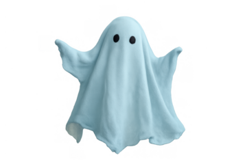 Cute light blue ghost floating with dark eyes, celebrating halloween and spooky fun, transparent background