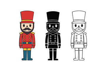 Nutcracker soldier character set in color, black and white, and outline style