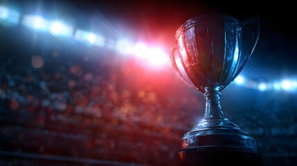 Shiny sports trophy cup standing in stadium under bright spotlight with confetti, victory celebration and championship success concept for competition event