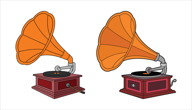 Two vintage gramophones with orange horns and red wooden bases on a white background phonograph record player