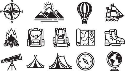Adventure Travel Icon Set &ndash; Camping, Hiking, Exploration Symbols

Outdoor Exploration Line Icons &ndash; Mountains, Ships, Maps & More

Travel and Adventure Outline Icons Pack for Outdoor Activities