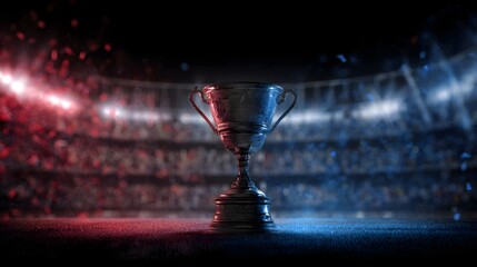 Shiny sports trophy cup standing in stadium under bright spotlight with confetti, victory celebration and championship success concept for competition event