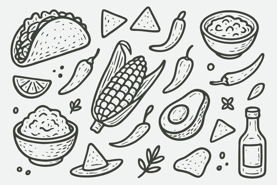 Mexican Food Line Art Doodle Set &ndash; Hand-Drawn Tacos, Nachos & Spicy Icon