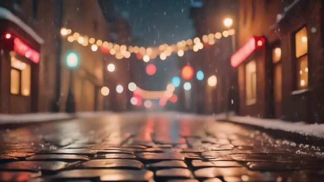 christmas lights in the city with rain 