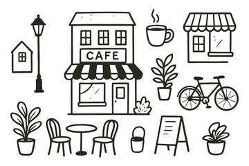 Minimal Cafe Street Sketch – Urban Hand-Drawn Monochrome Doodle Se