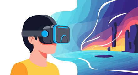 Person experiencing virtual reality, futuristic digital world with vibrant colors and abstract shapes, immersive technology