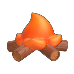 A 3D stylized campfire featuring four crossed wood logs and smooth orange flames.